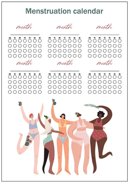 Vector Menstruatiekalender Multiculturele Modellen Vrouwen Ondergoed Met Planten Meisjeskracht Concept — Stockvector