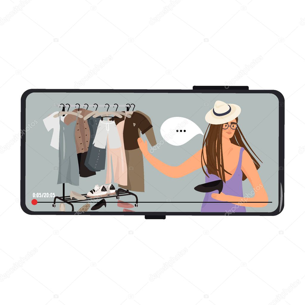 A video clip on a smartphone with a blogger. Rail with fashionable things. Modern fashion blogger. Stylish girl tells something on her video channel. Nice vector flat illustration in cartoon style.