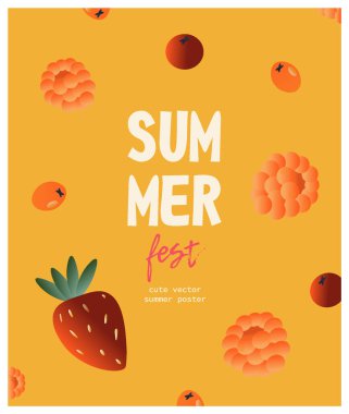 Taze böğürtlenli güzel bir yaz posteri. Yaz festivali için poster. Böğürtlenli şirin vektör düz şablonu: dutlar, deniz dikenleri, kızılcıklar ve çilekler. 