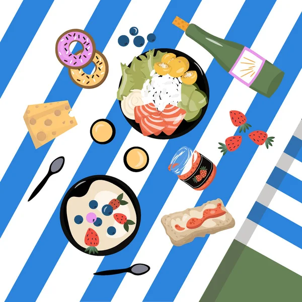 Ilustración Plana Vector Brillante Sobre Picnic Estilo Dibujos Animados Comida — Archivo Imágenes Vectoriales