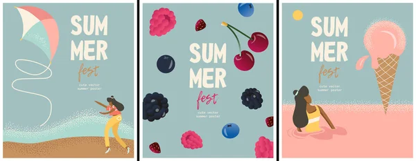 新鮮なベリーと素敵なベクトル夏のポスターのセット ビーチの女の子 アイスクリームとフライカイト 夏祭りのポスター 漫画風の夏の要素を持つかわいいベクトルフラットテンプレート — ストックベクタ