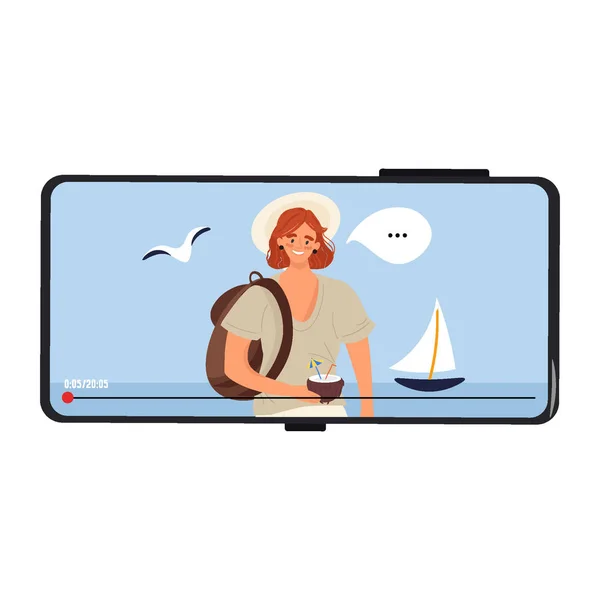 Moderne Reisebloggerin Touristenmädchen Mit Rucksack Erzählt Etwas Auf Ihrem Videokanal — Stockvektor
