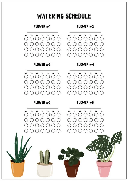 Hermoso Horario Riego Con Cactus Pilea Monstera Aloe Bonito Vector — Archivo Imágenes Vectoriales