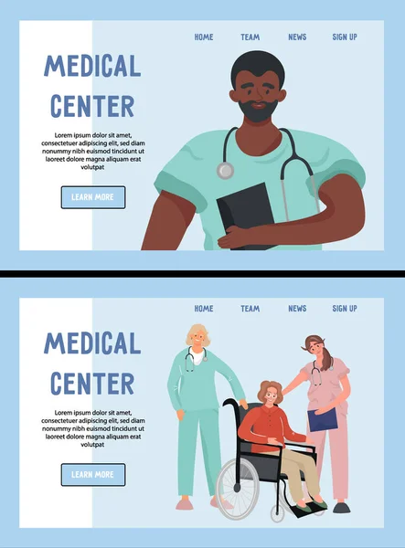 센터의 사이트를 페이지 의사와 간호사들 의사와 휠체어를 그리고 의사와 전형적 — 스톡 벡터