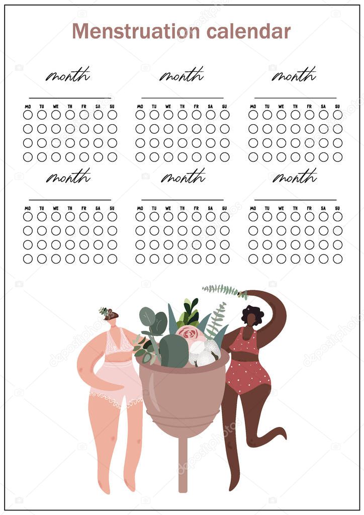 Vector menstruation calendar. Menstrual cup with flowers and girls in underwear. Metaphor for the renewal of the female body. Zero waste hygiene products. Nice vector flat illustration.