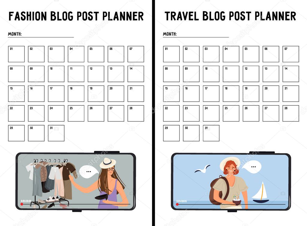 Set of vector travel and fashion blog post planners with month grid and place for notes. Vector flat illustration in cartoon style. Planners with a video clip on a smartphone with girls bloggers.