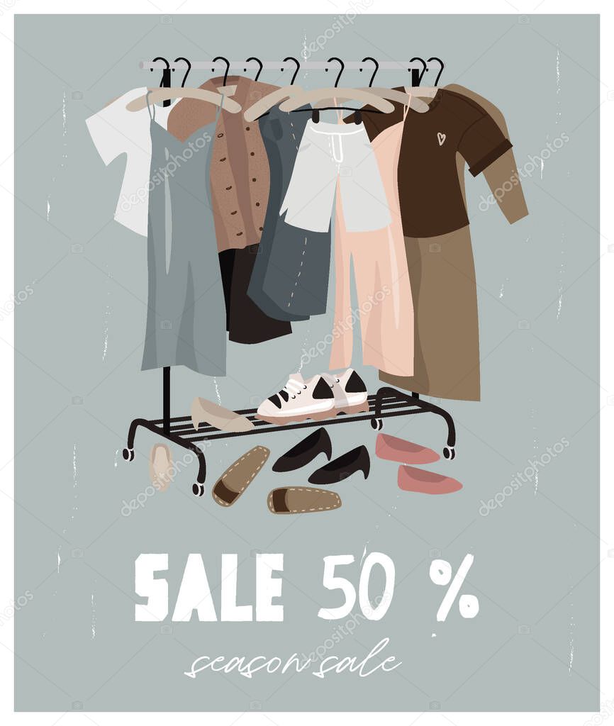 Seasonal sale, discounts. Poster with rail everyday fashionable things: clothes and shoes for seasonal discounts and summer clothing sales. Nice vector flat illustration in cartoon style. 
