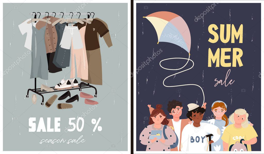 Seasonal sale, discounts. Posters with happy children of different nationalities and trendy clothes for seasonal discounts and summer clothing sales. Nice vector flat illustration in cartoon style.