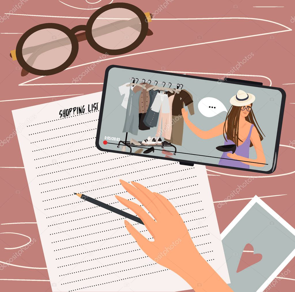 Shopping list. A girl watches a video clip of a fashion blogger on her smartphone and makes up her shopping list. Stylist tells something on video channel. Vector flat illustration in cartoon style.