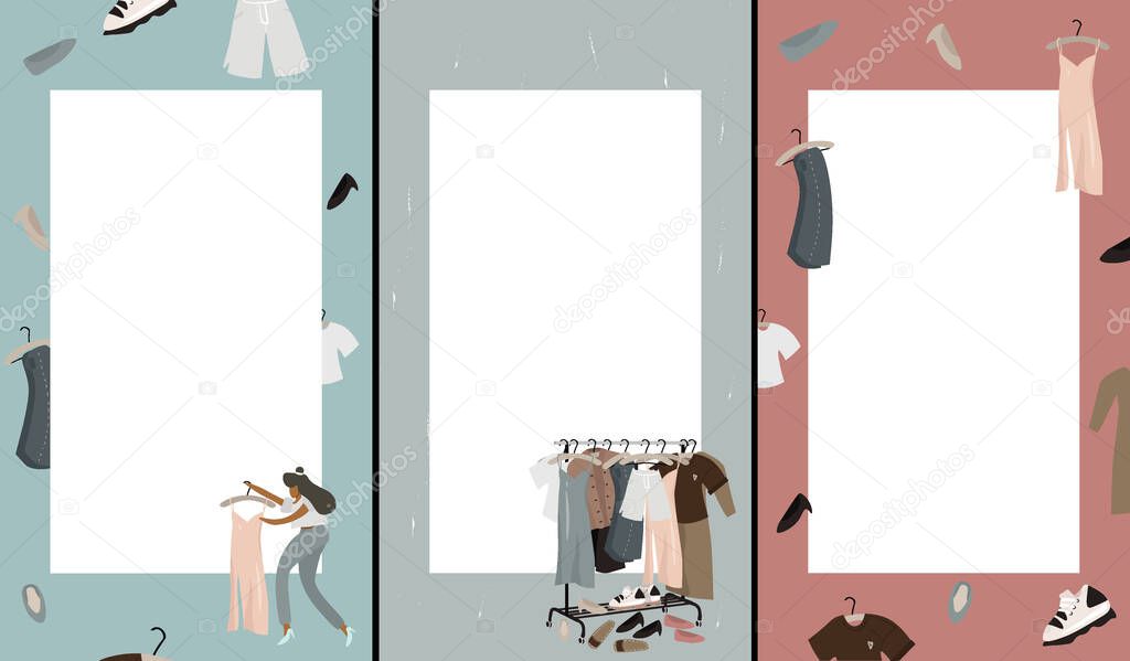 Cute cover designs in cartoon style for brochures, stories, applications. Vector flat set of cover designs with girl and fashionable things: clothes and shoes. Set of backgrounds with place for text.