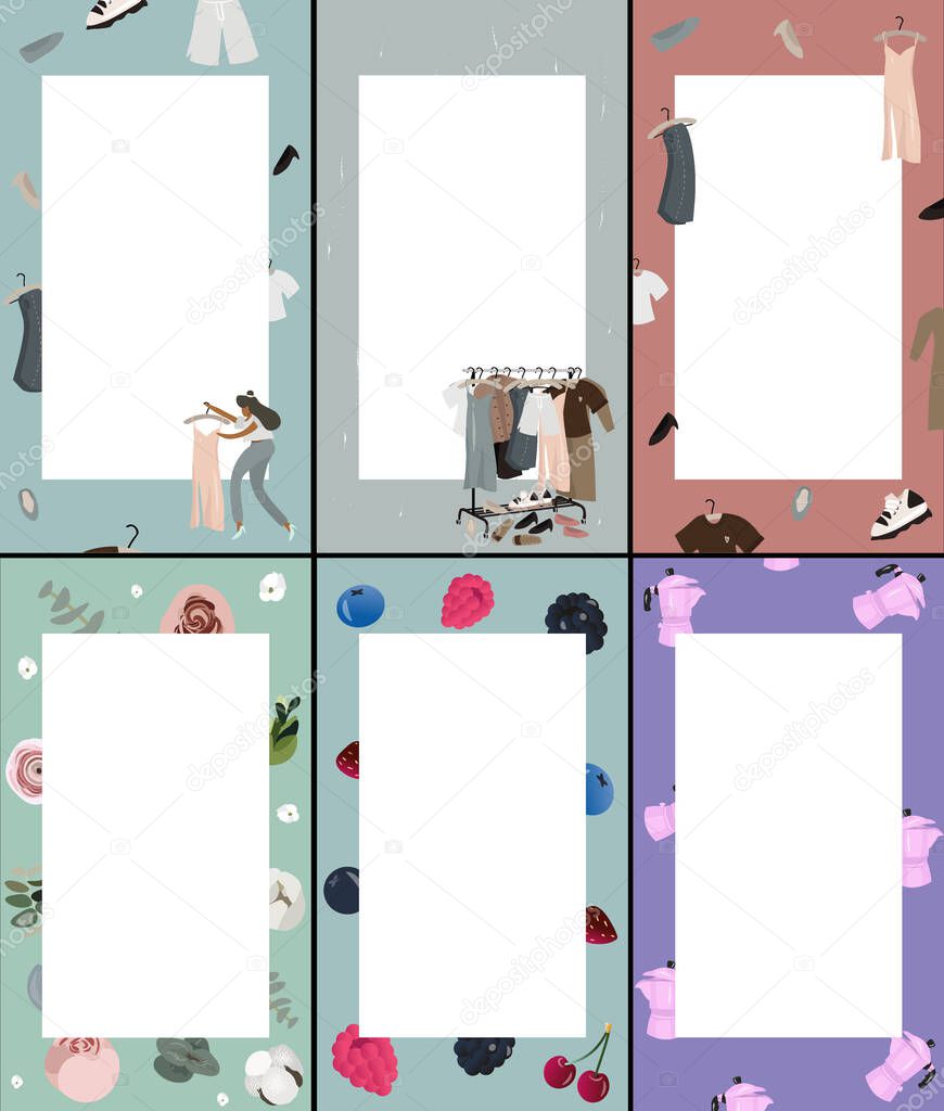 Cute cover designs in cartoon style for brochures, stories, applications. Vector flat big set of cover designs with girl, clothes, shoes and summer elements. Set of backgrounds with place for text.