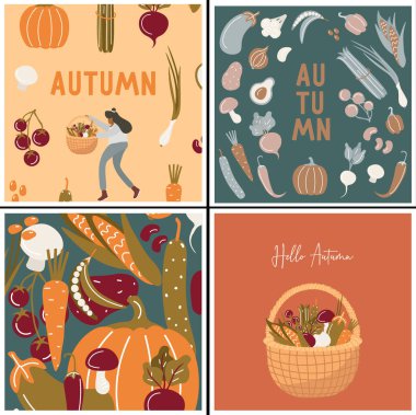 Merhaba sonbahar. Sebzeli, otlu ve mantarlı tebrik kartları. Bir sepet sebzeli kız. Sonbahar hasadı ve sebze bahçesi. Vektör düz el çizimleri çizimleri.