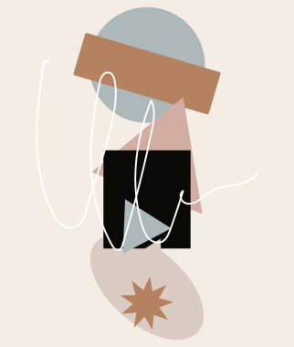 Geometrik şekilli vektör posteri ve minimalist tarzda soyutlama. Pankartlar, posterler, kapak tasarımı şablonları, hikayeler ve duvar kağıtları için yeri olan soyut arkaplan. 