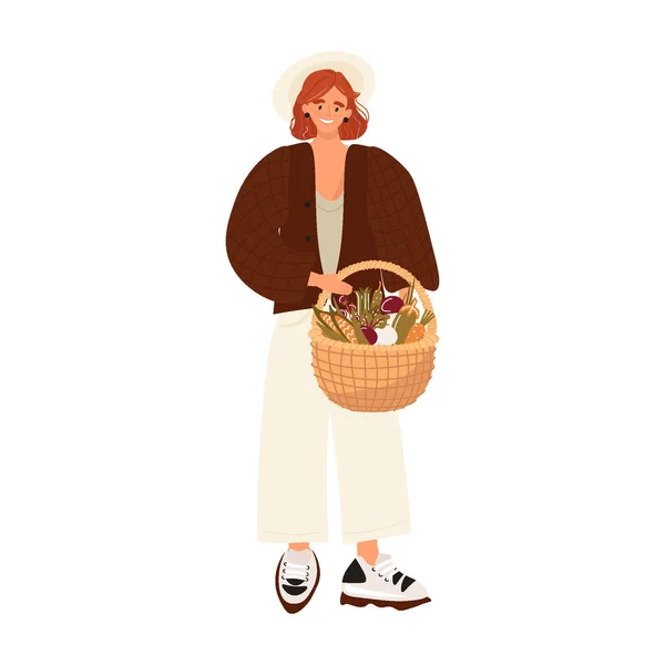 Récolte Automne Potager Joyeux Jeune Femme Avec Panier Légumes Fille — Image vectorielle