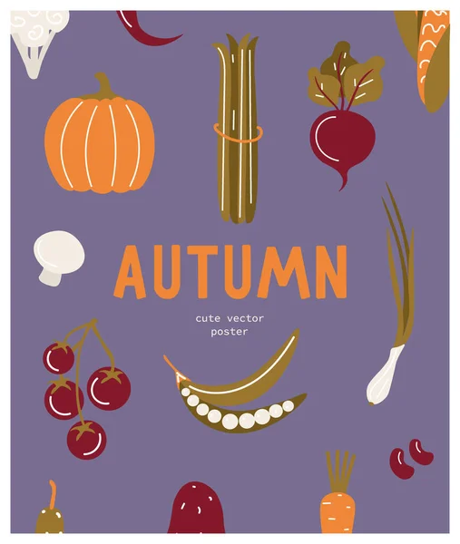 Hermoso Cartel Con Verduras Hierbas Setas Colores Inusuales Cosecha Otoño — Vector de stock