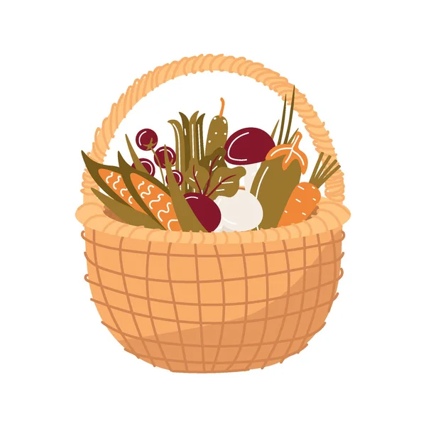 Cesta Mimbre Con Verduras Hierbas Setas Cosecha Otoño Huerta Maíz — Vector de stock