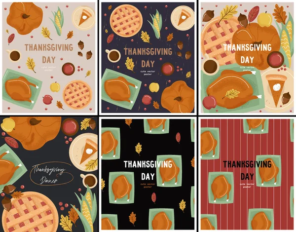 一套带有可爱的感谢符号集的感恩节矢量海报 土耳其 浆果派 南瓜芝士蛋糕 越橘酱 玉米和叶子 秋节假期的平面海报 — 图库矢量图片