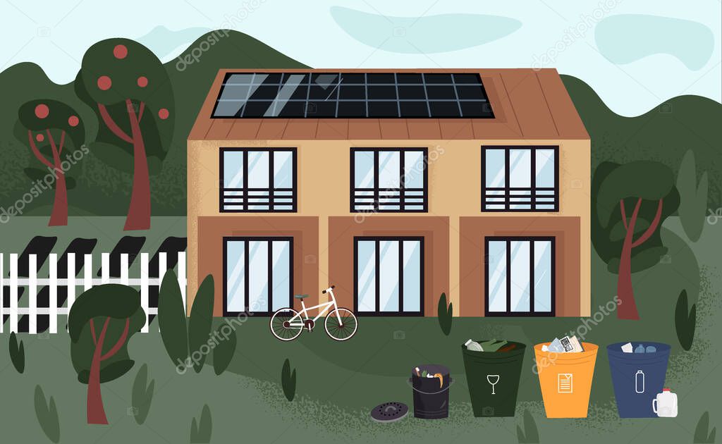 Eco-house. Eco-friendly home with solar panels, waste sorting bins, vegetable garden and bike. Zero waste lifestyle. Eco-friendly lifestyle outside the city. Vector illustration in cartoon style.