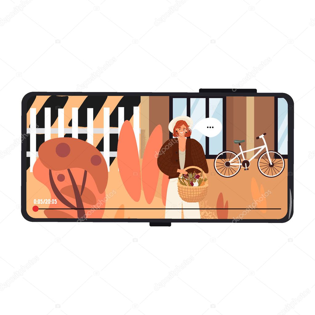 A video clip on a smartphone with a woman farmer. Eco-house, vegetable garden, bike and joyful young woman with a basket of vegetables. Nice vector flat illustration in cartoon style.