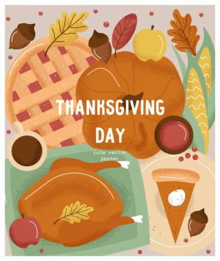 Şükran Günü posteri şirin vektör Şükran Günü sembol setiyle birlikte. Hindi, balkabağı, böğürtlen turtası, çay, balkabağı peynirli kek, kızılcık sosu, mısır ve yapraklar. Pembe arka planda düz sonbahar posteri.
