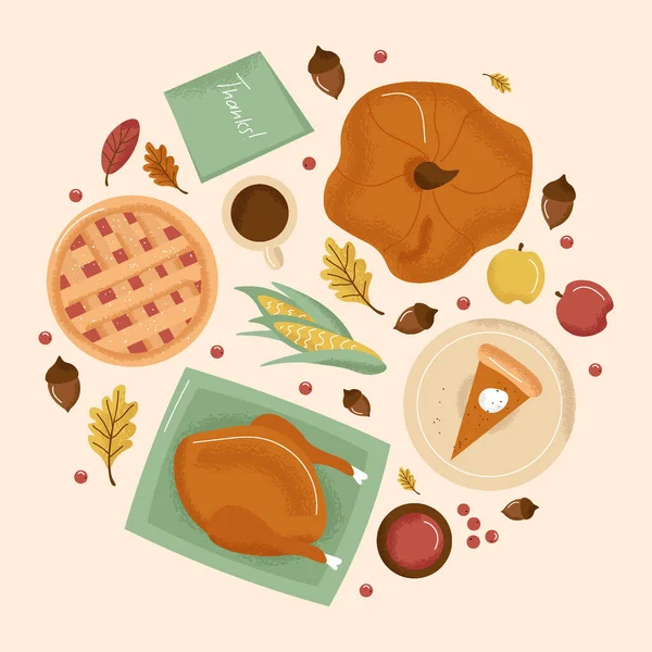 Thanksgiving Day Set Mignon Vecteur Thanksgivings Ensemble Symboles Dinde Citrouille — Image vectorielle