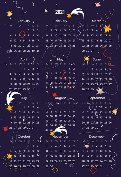 Modern Vektor Kalender För 2021 Med Utrymme Stjärnor Meteoriter Geometriska — Stock vektor