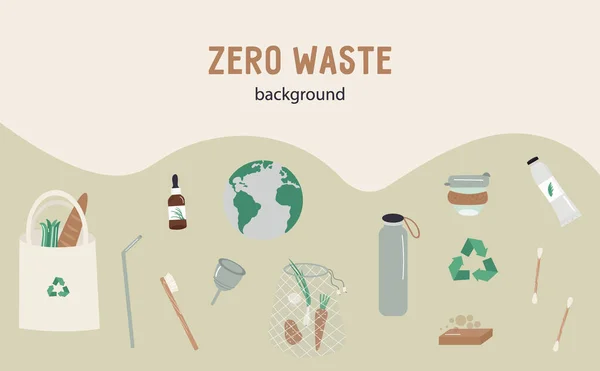Zero Waste Vector Platte Achtergrond Met Herbruikbare Dingen Recycling Teken — Stockvector