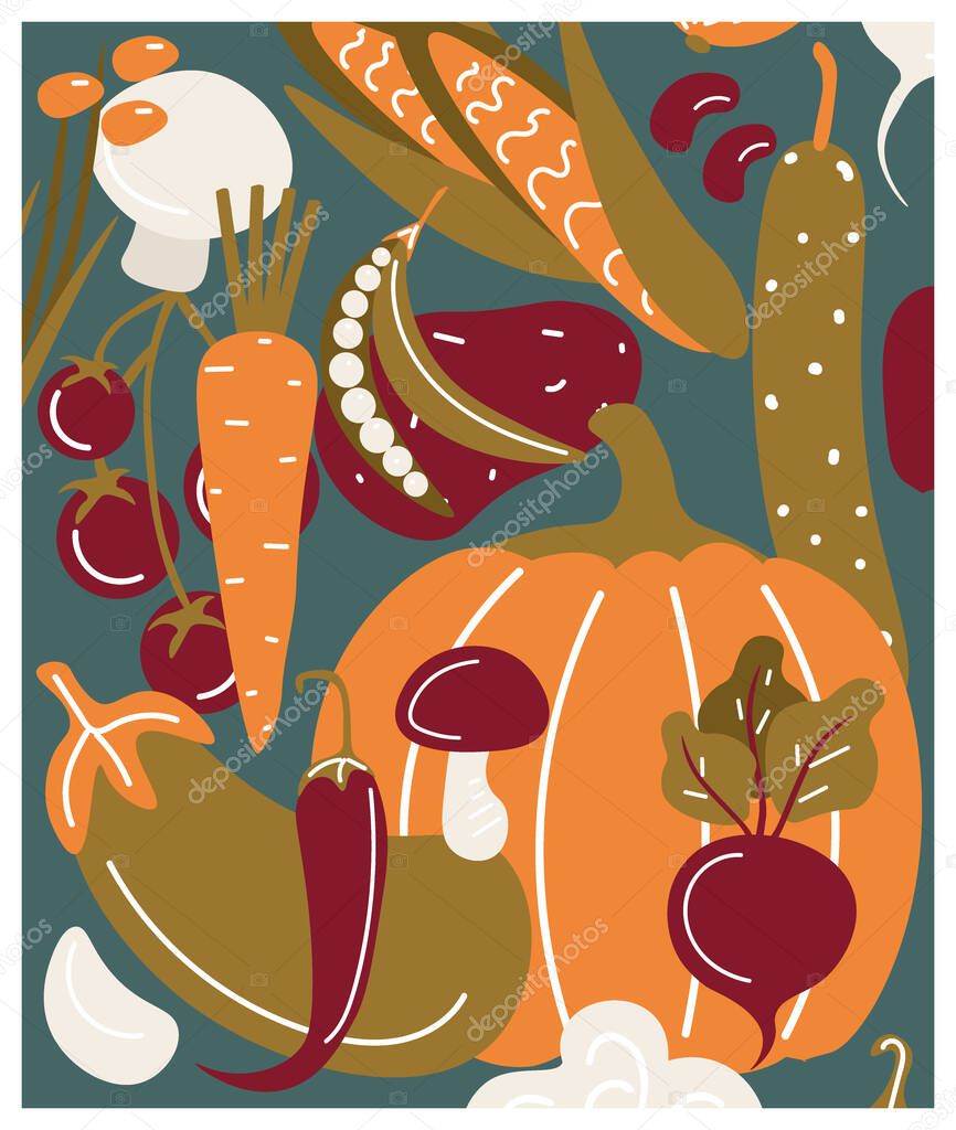 Beautiful poster with vegetables, herbs and mushrooms of unusual colors. Autumn harvest and vegetable garden. Avocado, pumpkin, asparagus, radish, beetroot. Vector flat hand drawing illustration.