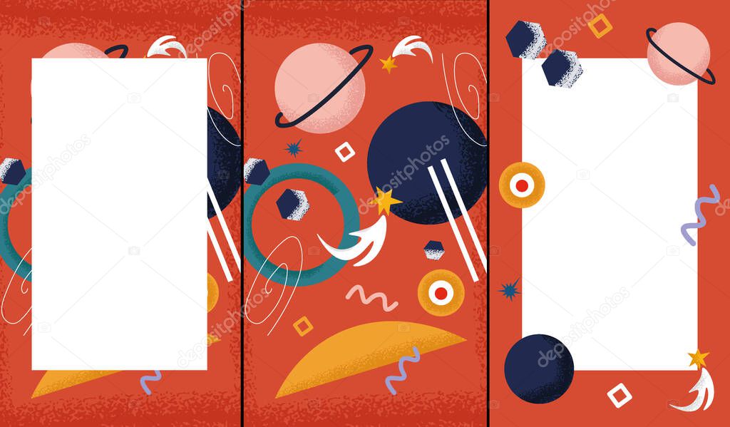 Cute cover designs in cartoon style for brochures, stories, applications. Vector flat set of cover designs with meteorites, geometric figures and planets. Space texture backgrounds. 