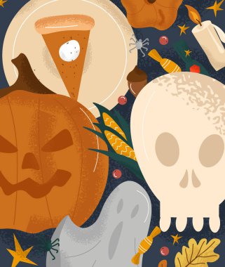 Mutlu Cadılar Bayramı. Cadılar Bayramı için balkabakları, hayaletler, yapraklar, şekerler, mumlar, mısırlar, kabak ve balkabağı turtaları olan parlak bir sonbahar posteri. Şeker mi şaka mı? Tatlı düz vektör Cadılar Bayramı kapağı.