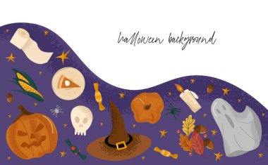 Cadılar Bayramı için sonbahar setiyle arka plan. Balkabakları, hayaletler, yapraklar, şekerler, örümcekler, pasta, mum, kağıt, mısır ve cadı şapkası. Metin için yeri olan soyut arkaplan.