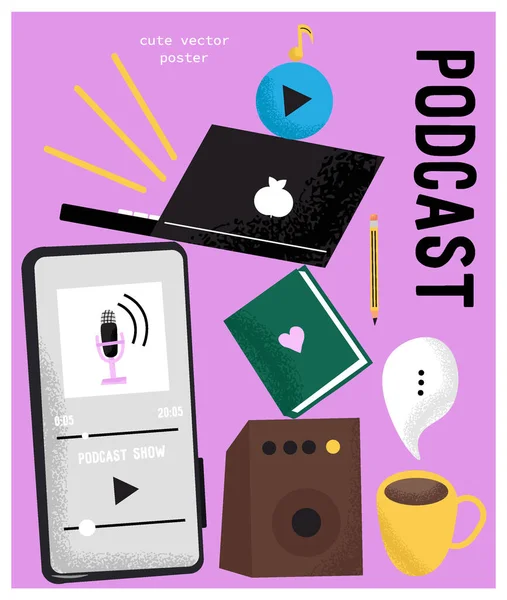 Cartel Lindo Vector Sobre Tema Podcasting Estilo Dibujos Animados Con — Vector de stock