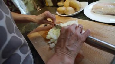 Ev hanımı evde balık güveci pişiriyor. Yüksek kalite 4k görüntü