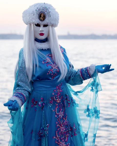 Reveller Traditional Elaborate Mask Costume Annual Venice Carnival Carnevale Venezia — Fotografia de Stock