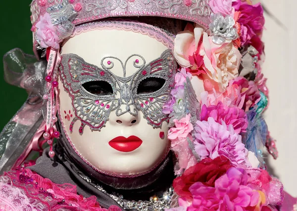 Reveller Traditional Elaborate Mask Costume Annual Venice Carnival Carnevale Venezia — Stock Photo, Image