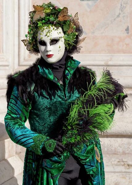 Reveller Traditional Elaborate Mask Costume Annual Venice Carnival Carnevale Venezia — Stock Photo, Image