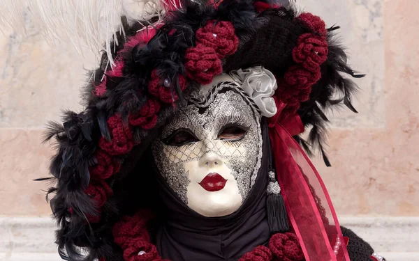 Geleneksel Venedik Karnavalı 'nda (Carnevale di Venezia) geleneksel maskeli ve kostümlü Reveller. Venedik, Veneto, İtalya, Avrupa 