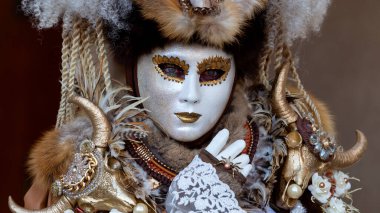 Geleneksel Venedik Karnavalı 'nda (Carnevale di Venezia) geleneksel maskeli ve kostümlü Reveller. Venedik, Veneto, İtalya, Avrupa 