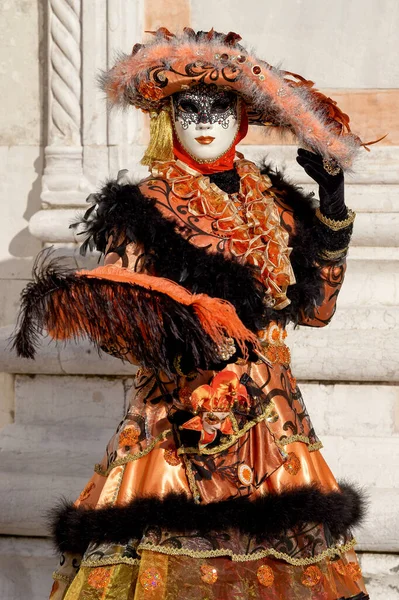 在一年一度的威尼斯狂欢节 Carnevale Naquia 传统精致面具与服装的狂欢者 Reveller Traditional Elaborate Mask Cothe Annual — 图库照片