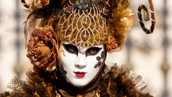 Reveller Dans Masque Elaboré Traditionnel Costume Carnaval Annuel Venise Carnevale — Photo