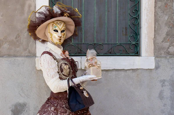 Reveller Traditional Elaborate Mask Costume Annual Venice Carnival Carnevale Venezia — Stock Photo, Image