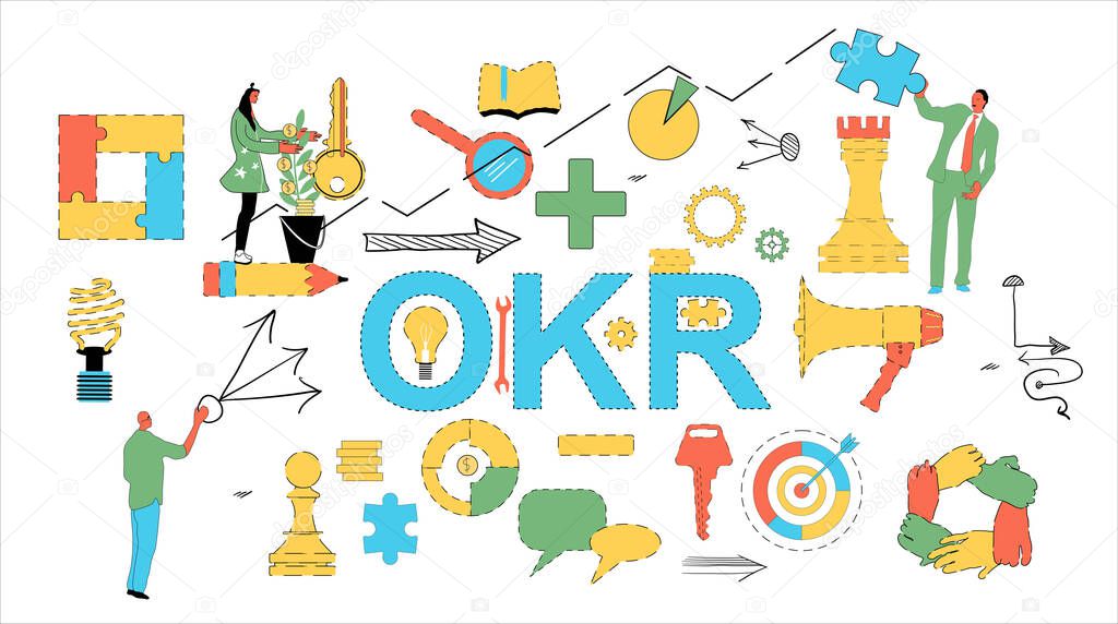 OKR (Objectives and key results) word  vector illustration dotted line with icons for business,team people,target, focus,planning and quarter.Arrows strategy,megaphone in doodle cartoon style