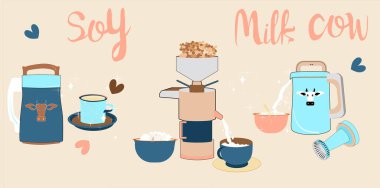 Soya sütçüsü ya da soya ineği çizilmiş karikatür seti. Organik içecek, vejetaryen süt, soya fasulyesi, tofu ve farklı türde cihaz karıştırma makinesi. Her nesne izole edilmiştir. Kafe menüsü için poster