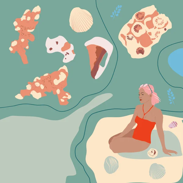 Молода Жінка Сидить Пляжі Купальнику Навколо Морських Раковин Коралів Конюшини — стоковий вектор