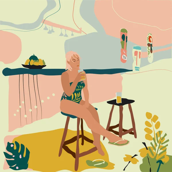 年轻女子穿着泳衣坐在海滩酒吧里 女孩喝鸡尾酒 用抽象的热带雨林树叶背景手工绘制的矢量趋势图解 粉刷色彩概念中的非洲面具 — 图库矢量图片