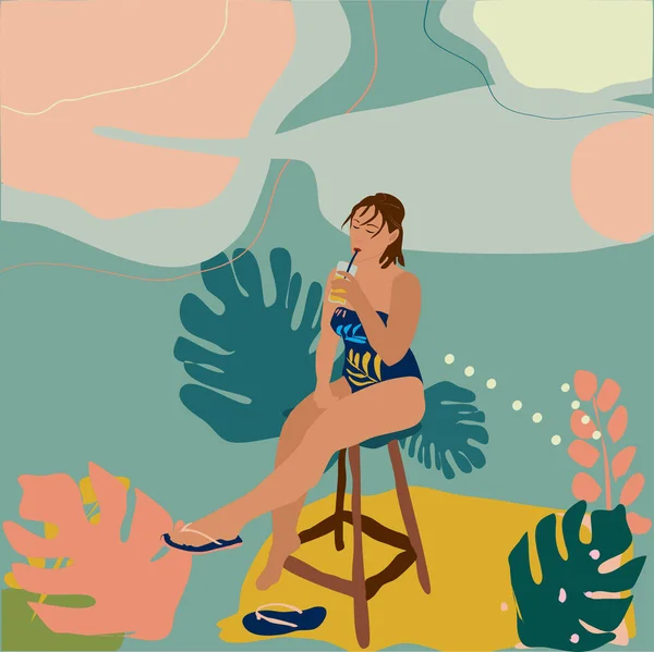 若い女性の花のパターンと水着で椅子にビーチバーに座っている 女の子はリラックスしてカクテルを飲む 手描きベクトルトレンディーなイラストで抽象的な熱帯ジャングルの葉の背景 — ストックベクタ