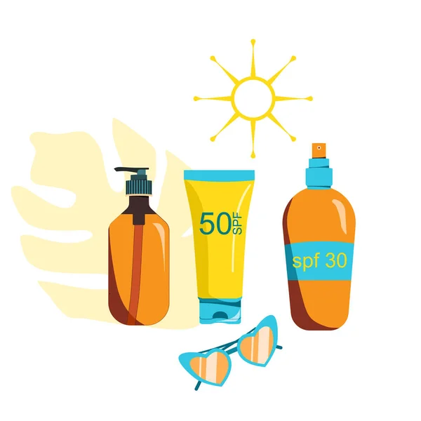 Gel Protetor Solar Spray Protetor Solar Óleo Bronzeamento Óculos Sol —  Vetores de Stock