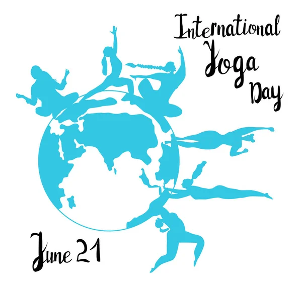 Internationale Yoga Dag Juni Vector Illustratie Handgetekende Ansichtkaart Met Beletterde — Stockvector