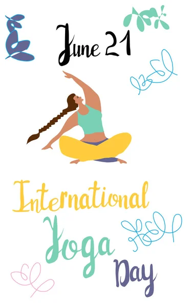 Internationale Yoga Dag Juni Verticale Banner Vector Illustratie Met Hand — Stockvector