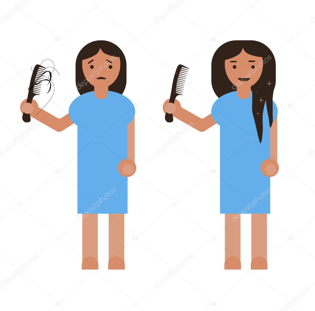 Flat simple sad girl holding a comb in hand with hair loss.Early baldness. Girl with hair problem, damage, alopecia, and beauty woman with thick hair cartoon style.Vector illustration for beauty salon